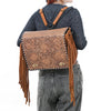ADBGZ800 Hand-Tooled Leather Fringe Backpack Bag - Western Floral Crossbody in Saddle Tan