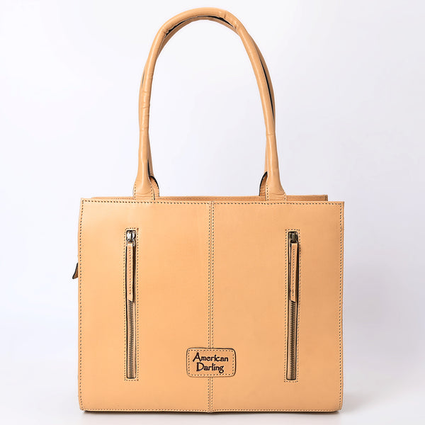 ADBGZ803 Hand-Tooled Leather Tote Bag - Western Medallion Floral Design in Natural Tan