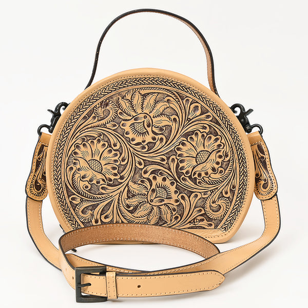ADBGZ809 Round Hand-Tooled Leather Canteen Bag - Western Floral Circle Purse in Natural Tan