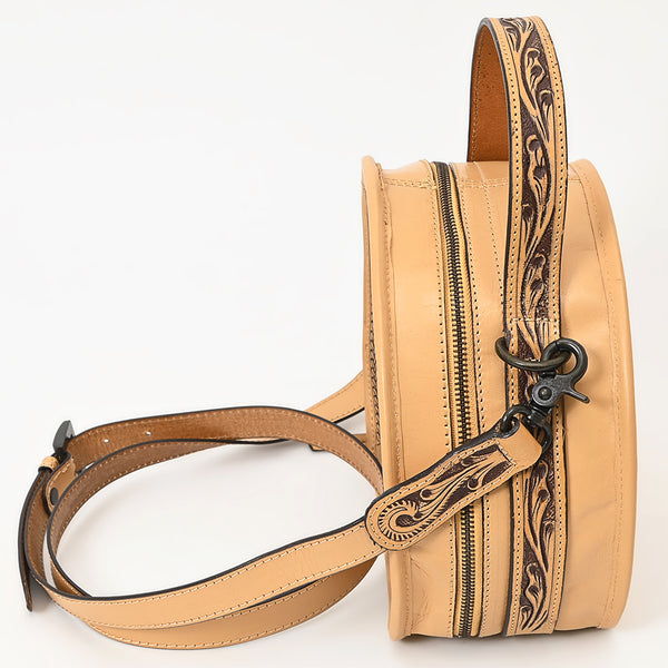 ADBGZ809 Round Hand-Tooled Leather Canteen Bag - Western Floral Circle Purse in Natural Tan