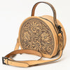 ADBGZ809 Round Hand-Tooled Leather Canteen Bag - Western Floral Circle Purse in Natural Tan