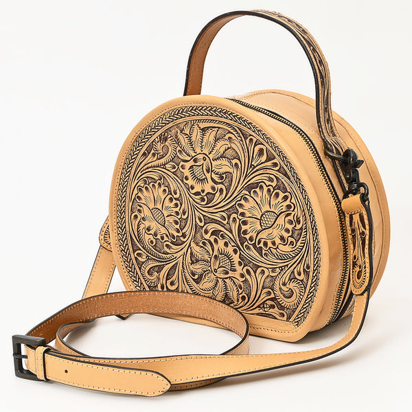 ADBGZ809 Round Hand-Tooled Leather Canteen Bag - Western Floral Circle Purse in Natural Tan