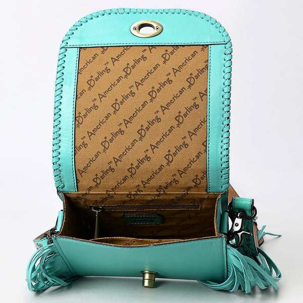 ADBGZ811 Hand-Tooled Mini Crossbody Bag - Western Floral Inlay with Fringe & Tooled Strap