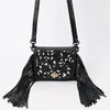 ADBGZ811C Black Hand-Tooled Mini Crossbody Bag - Western Floral Fringe Purse with Cream Inlay