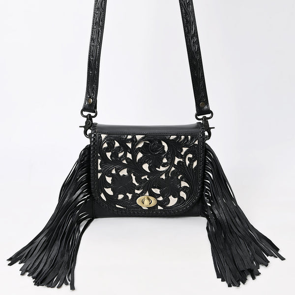 ADBGZ811C Black Hand-Tooled Mini Crossbody Bag - Western Floral Fringe Purse with Cream Inlay