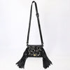 ADBGZ811C Black Hand-Tooled Mini Crossbody Bag - Western Floral Fringe Purse with Cream Inlay