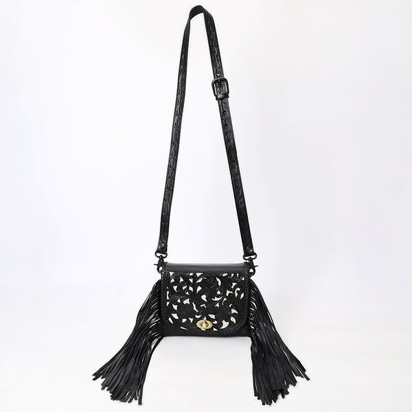 ADBGZ811C Black Hand-Tooled Mini Crossbody Bag - Western Floral Fringe Purse with Cream Inlay