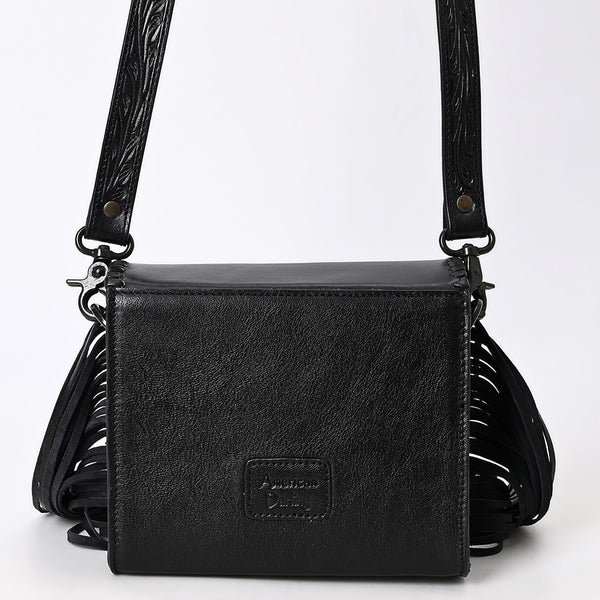 ADBGZ811C Black Hand-Tooled Mini Crossbody Bag - Western Floral Fringe Purse with Cream Inlay