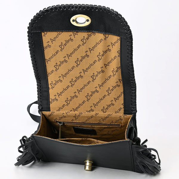 ADBGZ811C Black Hand-Tooled Mini Crossbody Bag - Western Floral Fringe Purse with Cream Inlay