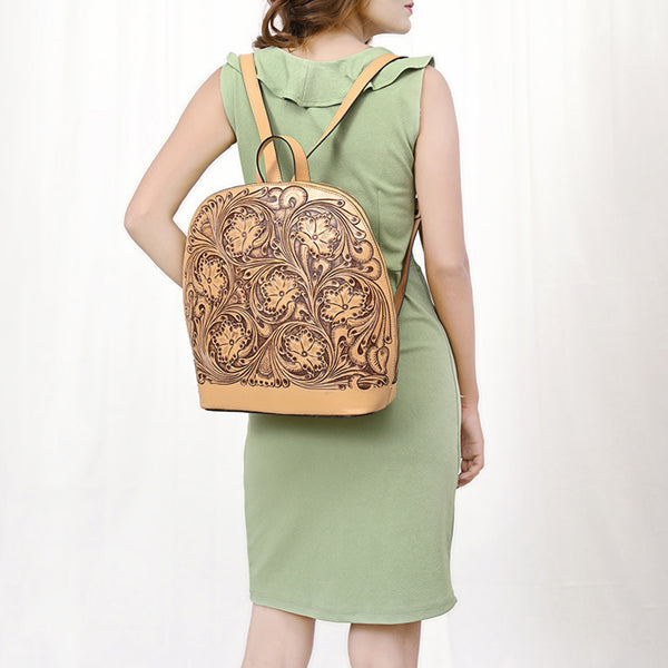 ADBGZ813 Hand-Tooled Leather Backpack - Western Floral Design in Natural Tan