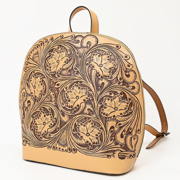 ADBGZ813 Hand-Tooled Leather Backpack - Western Floral Design in Natural Tan