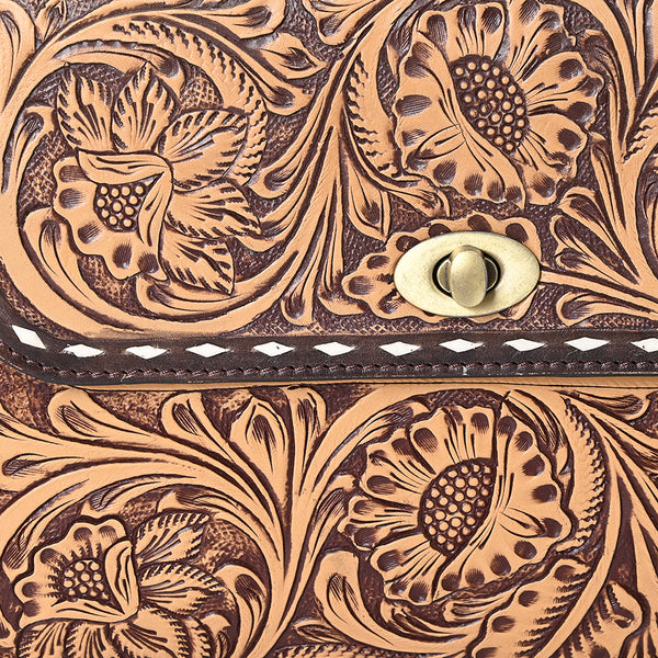 LC-ADBGZ815 Hand-Tooled Leather Top Handle Tote Bag - Western Floral Flap Purse with Strap in Natural Tan