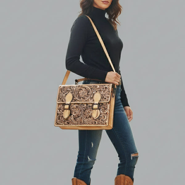 ADBGZ816 Western Leather Briefcase Bag - Hand-Tooled Floral Buckle Strap Purse in Natural Tan