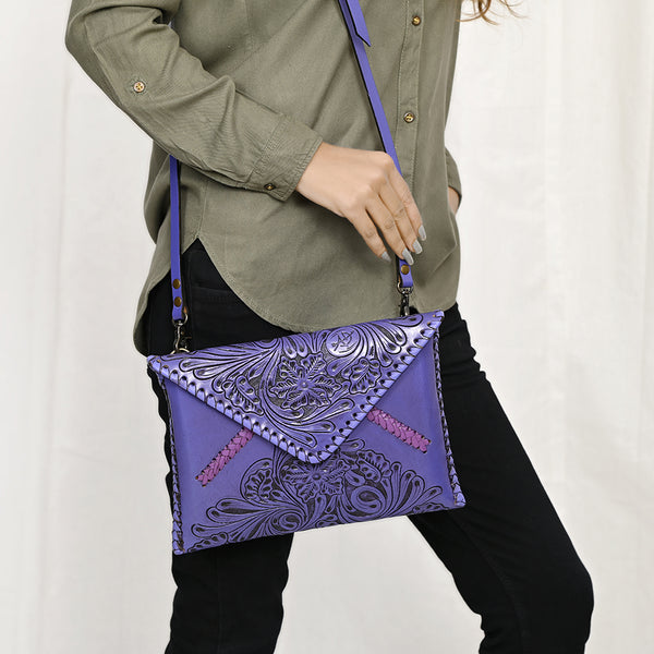 ADBG1109 American Darling Hand-Tooled Genuine Leather Western Envelope Bag Floral Carved Crossbody