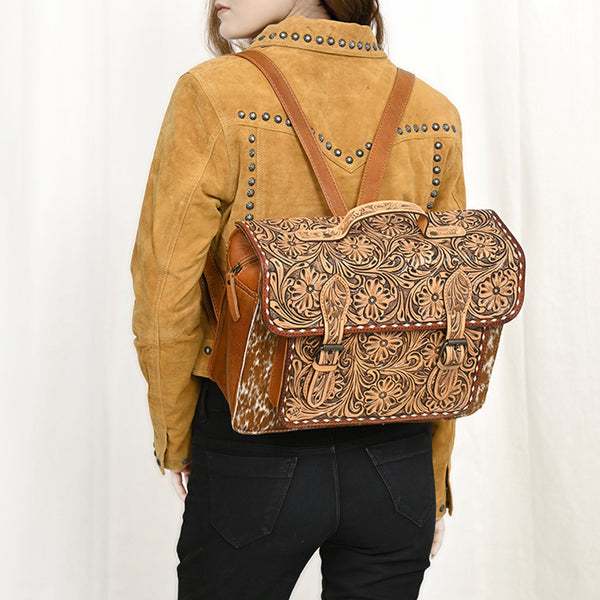 ADBG1426 American Darling Western Leather Hand-Tooled Backpack Bag with Genuine Leather & Cowhide Detail