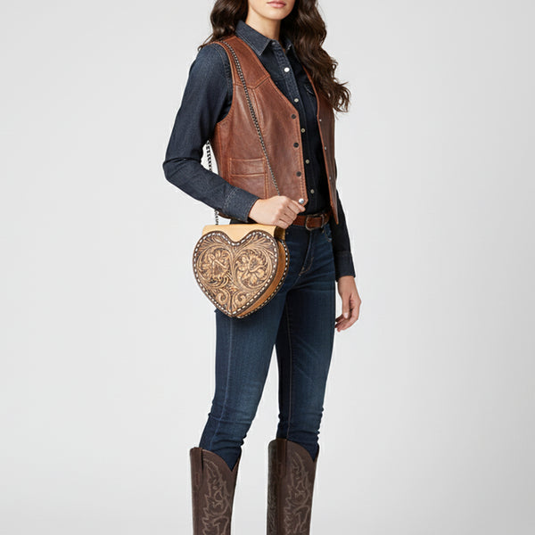 ADBGZ819 Heart-Shaped Hand-Tooled Leather Crossbody Canteen Bag with Chain Strap