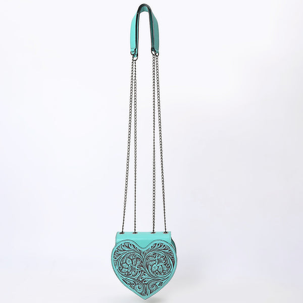 ADBGZ819 Heart-Shaped Hand-Tooled Leather Crossbody Canteen Bag with Chain Strap