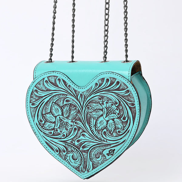 ADBGZ819 Heart-Shaped Hand-Tooled Leather Crossbody Canteen Bag with Chain Strap