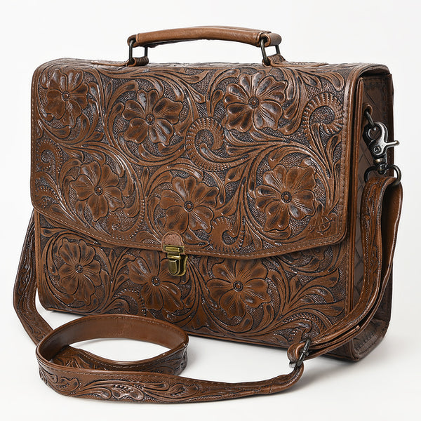 ADBG1437 American Darling Western Hand-Tooled Leather Briefcase Bag Floral Carved Genuine Leather Work Bag