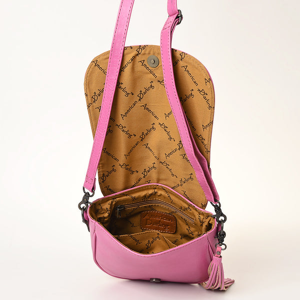 ADBG1439 American Darling Hand-Tooled Western Leather Crossbody Bag Genuine Leather Pink Tassel Purse