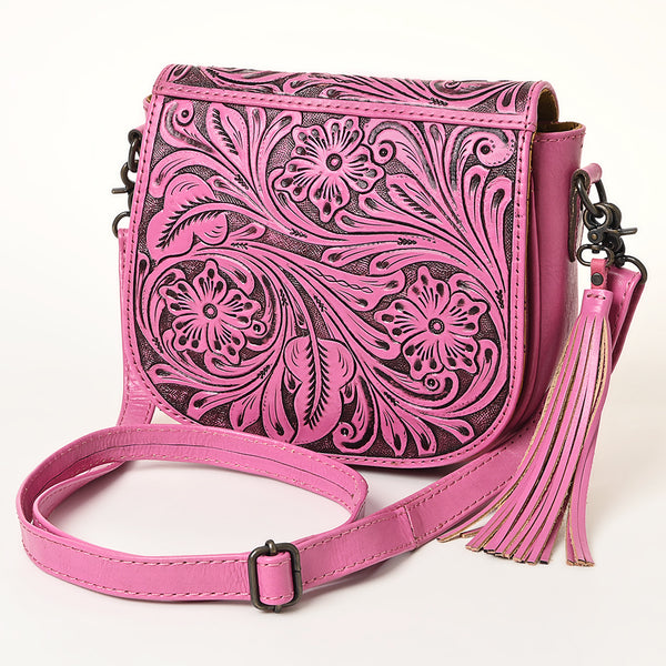 ADBG1439 American Darling Hand-Tooled Western Leather Crossbody Bag Genuine Leather Pink Tassel Purse