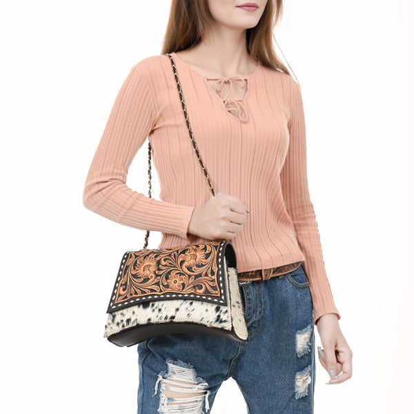 ADBGA536 American Darling Western Leather Cross body Bag Hand Tooled Hair-On Cowhide