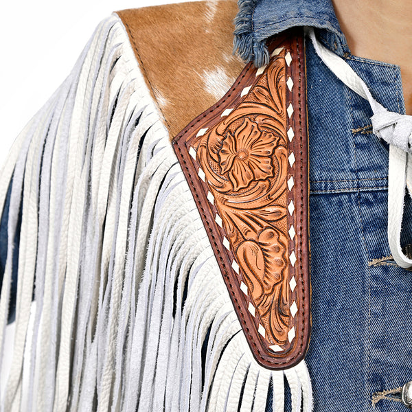 ADJW111 Western Fringe Shoulder Yoke with Hand-Tooled Leather & Cowhide Accent Jewelry Necklace
