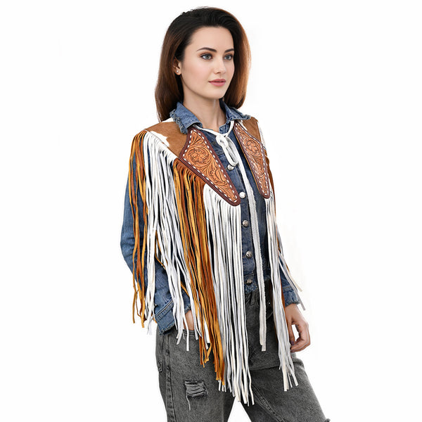 ADJW111 Western Fringe Shoulder Yoke with Hand-Tooled Leather & Cowhide Accent Jewelry Necklace