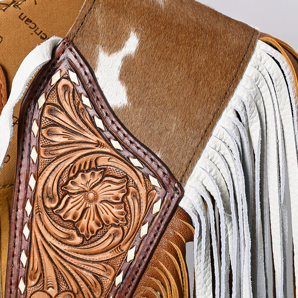 ADJW111 Western Fringe Shoulder Yoke with Hand-Tooled Leather & Cowhide Accent Jewelry Necklace