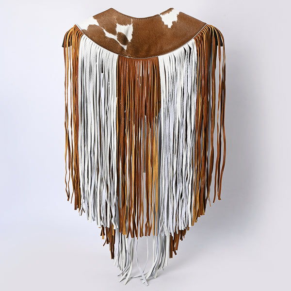 ADJW111 Western Fringe Shoulder Yoke with Hand-Tooled Leather & Cowhide Accent Jewelry Necklace