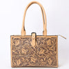 LC-ADBGZ828 Structured Hand-Tooled Leather Box Tote Western Floral Design with Buckle Accent