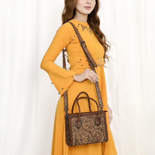 ADBG1459 American Darling Western Leather Hand-Tooled Tote Bag with Floral Carving | Genuine Leather Carryall