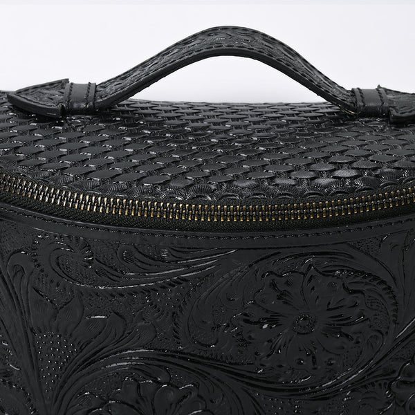 ADBGZ829B Black Hand-Tooled Leather Western Belt Bag Floral Fanny Pack with Basketweave Top