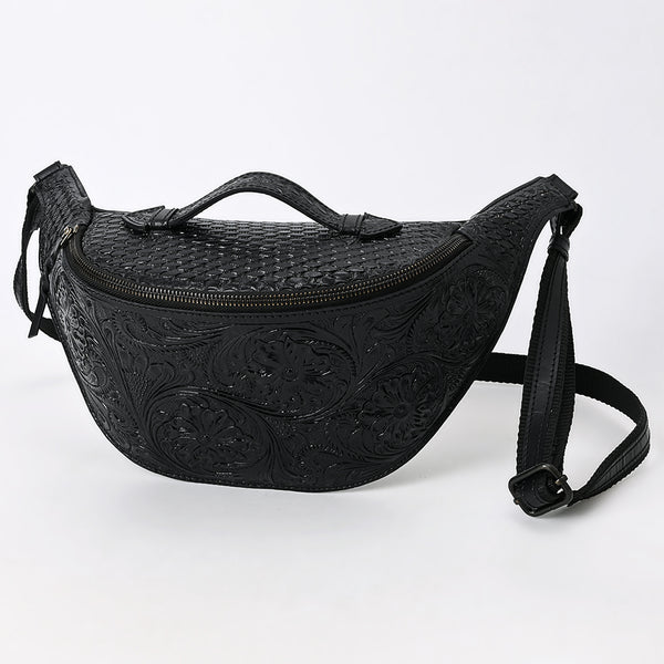 ADBGZ829B Black Hand-Tooled Leather Western Belt Bag Floral Fanny Pack with Basketweave Top