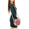 ADBGZ830C Pink Round Hand-Tooled Leather Canteen Bag Western Floral Circle Purse