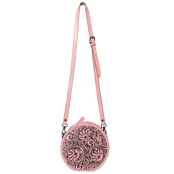 ADBGZ830C Pink Round Hand-Tooled Leather Canteen Bag Western Floral Circle Purse