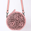 ADBGZ830C Pink Round Hand-Tooled Leather Canteen Bag Western Floral Circle Purse