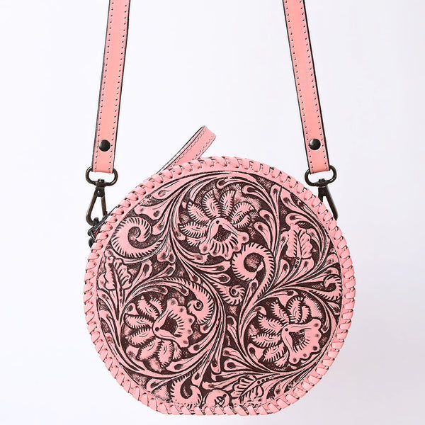 ADBGZ830C Pink Round Hand-Tooled Leather Canteen Bag Western Floral Circle Purse