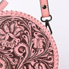 ADBGZ830C Pink Round Hand-Tooled Leather Canteen Bag Western Floral Circle Purse