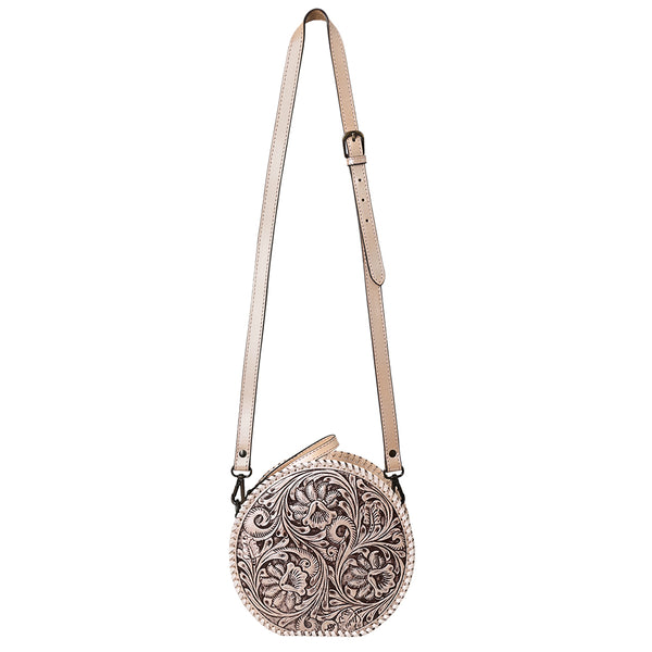 ADBGZ830 Round Hand-Tooled Leather Canteen Bag - Western Floral Circle Purse