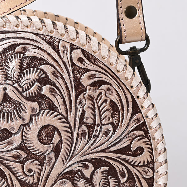 ADBGZ830 Round Hand-Tooled Leather Canteen Bag - Western Floral Circle Purse
