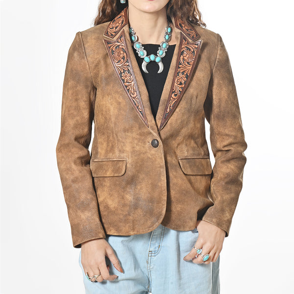 ADBZ056 American Darling Brown Leather Western Blazer Tooled Harness Lapels