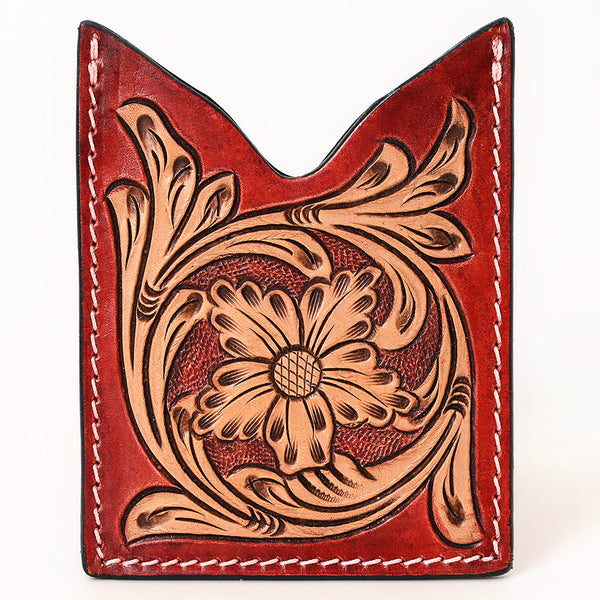 ADCCF113 Hand-Tooled Leather Card Holder - Red Stained Western Boot-Top Floral Design