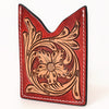 ADCCF113 Hand-Tooled Leather Card Holder - Red Stained Western Boot-Top Floral Design