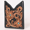 ADCCF115 Black Leather Western Card Holder - Hand-Tooled Floral Design with Turquoise Accents