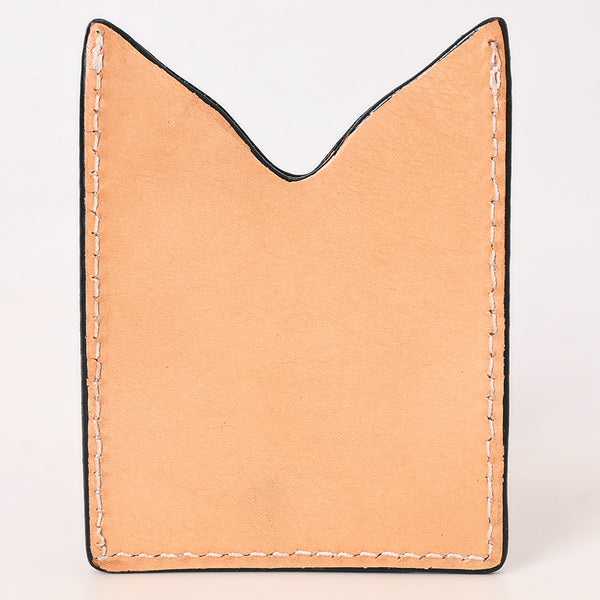 ADCCF116 Turquoise Border Hand-Tooled Leather Card Holder - Geometric & Floral Western Boot-Top Design