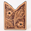 ADCCF118 Natural Hand-Tooled Leather Card Holder - Floral & Leaf Western Boot-Top Design