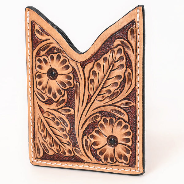 ADCCF118 Natural Hand-Tooled Leather Card Holder - Floral & Leaf Western Boot-Top Design