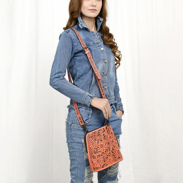 ADBG1136 American Darling Hand Tooled Floral Leather Crossbody Bag