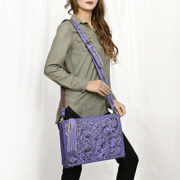 ADBG1235 American Darling Hand-Tooled Western Leather Crossbody Bag - Genuine Floral Carved Artisan Purse